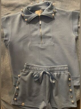 Light Blue Quilted Pearl-Accent Two-Piece Lounge Set